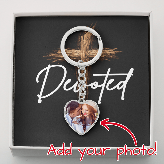Devoted Cross Photo Heart Keychain – Christian Gift for Men