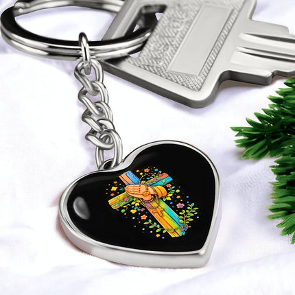 Praying Hands & Rosary Rainbow Cross Heart Keychain – Christian Gift for Kids