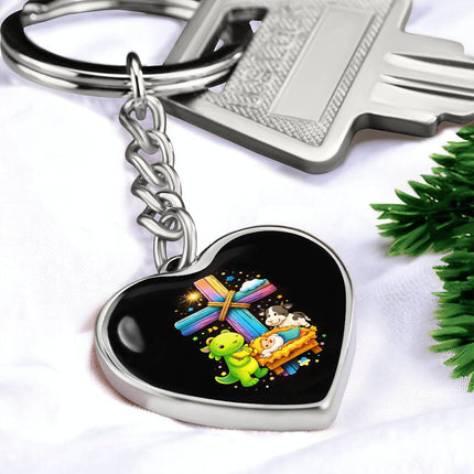 Baby Jesus Nativity & Dino Rainbow Cross Heart Keychain – Christian Gift for Kids