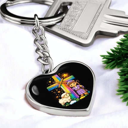 Shepherd Boy & Lamb Rainbow Cross Heart Keychain – Christian Gift for Kids
