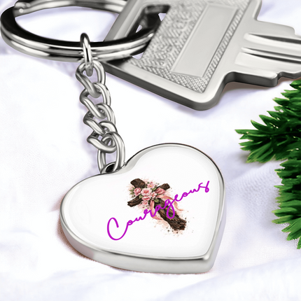 Courageous Flower Cross Christian Heart Keychain | Mother's Day Gift for Mom | Faith Gift