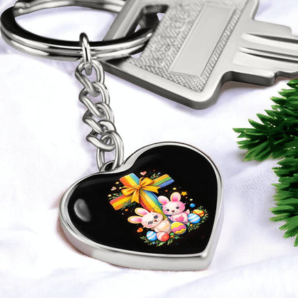 Easter Bunnies & Eggs Rainbow Cross Heart Keychain – Christian Gift for Kids