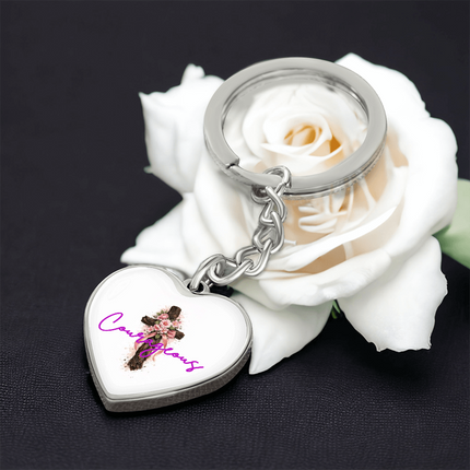 Courageous Flower Cross Christian Heart Keychain | Mother's Day Gift for Mom | Faith Gift