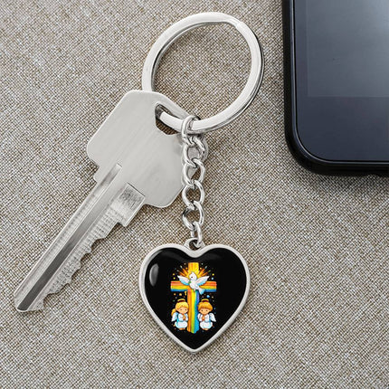 Dove & Praying Angels Rainbow Cross Heart Keychain – Christian Gift for Kids