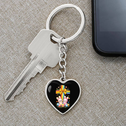Easter Bunnies & Eggs Rainbow Cross Heart Keychain – Christian Gift for Kids