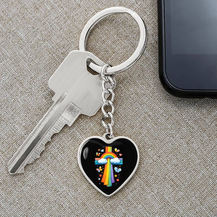 Rainbow & Clouds Cross Heart Keychain – Christian Gift for Kids