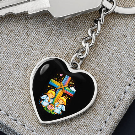 Praying Angels Rainbow Cross Heart Keychain – Christian Gift for Kids