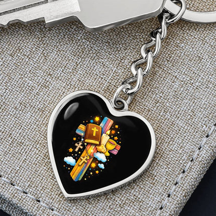 First Communion Bible & Chalice Rainbow Cross Heart Keychain – Christian Gift for Kids