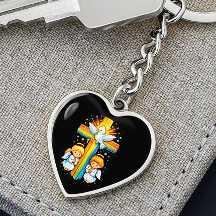 Dove & Praying Angels Rainbow Cross Heart Keychain – Christian Gift for Kids