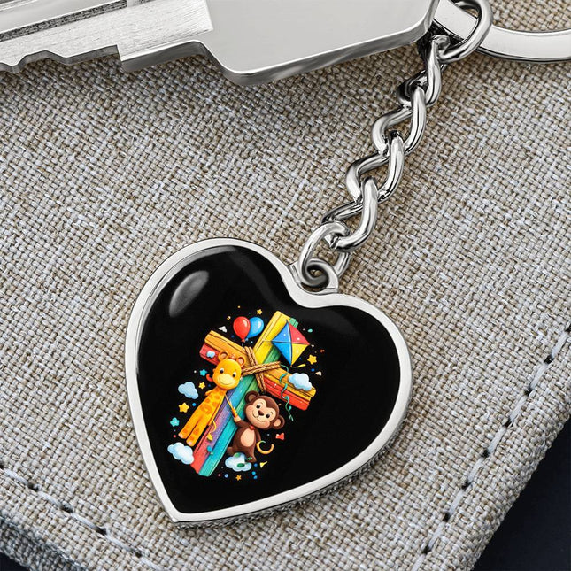 Giraffe & Monkey Rainbow Cross Heart Keychain – Christian Gift for Kids