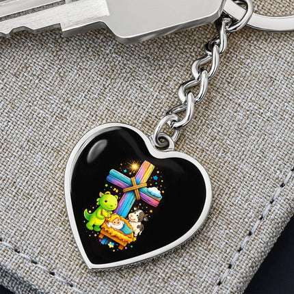 Baby Jesus Nativity & Dino Rainbow Cross Heart Keychain – Christian Gift for Kids