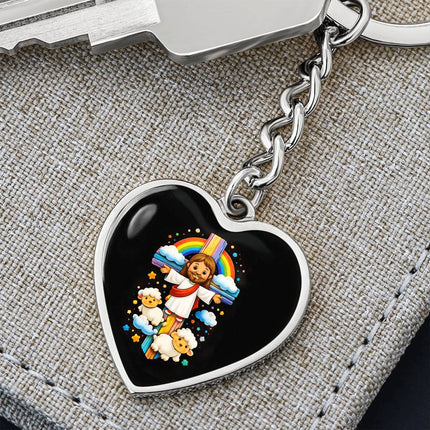 Jesus & Little Lambs Rainbow Heart Keychain – Christian Gift for Kids