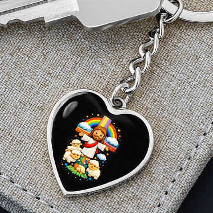 Jesus With the Sheep - Graphic Heart Keychain – Christian Gift for Kids