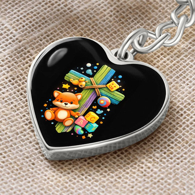 Kitten & ABC Blocks Rainbow Cross Heart Keychain – Christian Gift for Kids