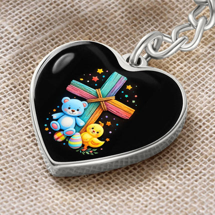 Rainbow Cross Teddy Bear & Chick Heart Keychain – Christian Gift for Kids