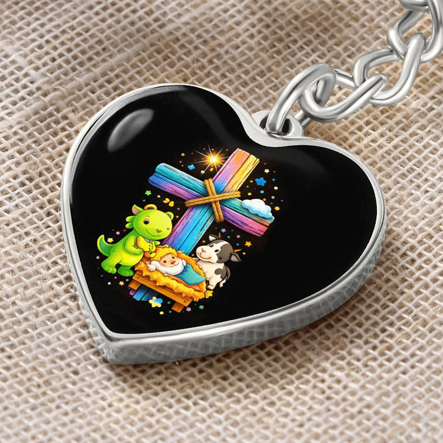Baby Jesus Nativity & Dino Rainbow Cross Heart Keychain – Christian Gift for Kids