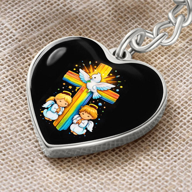 Dove & Praying Angels Rainbow Cross Heart Keychain – Christian Gift for Kids