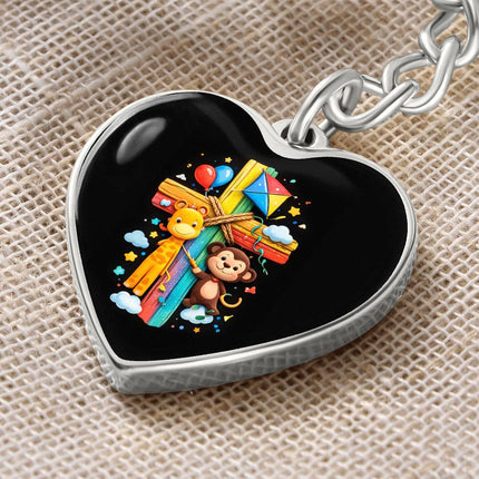 Giraffe & Monkey Rainbow Cross Heart Keychain – Christian Gift for Kids