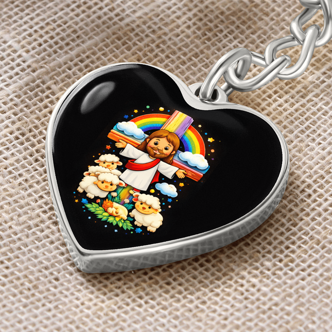 Jesus With the Sheep - Graphic Heart Keychain – Christian Gift for Kids
