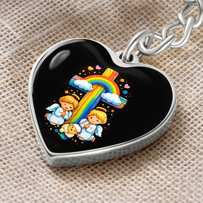 Angels & Lamb Rainbow Cross Heart Keychain – Christian Gift for Kids