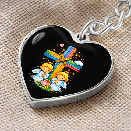 Praying Angels Rainbow Cross Heart Keychain – Christian Gift for Kids