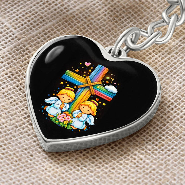 Praying Angels Rainbow Cross Heart Keychain – Christian Gift for Kids
