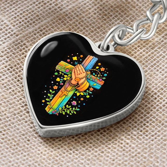 Praying Hands & Rosary Rainbow Cross Heart Keychain – Christian Gift for Kids