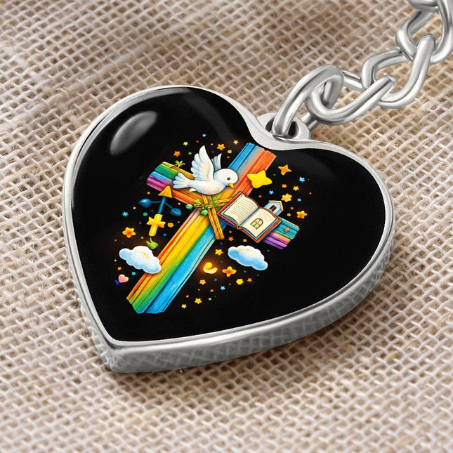 Dove & Open Bible Rainbow Cross Heart Keychain – Christian Gift for Kids