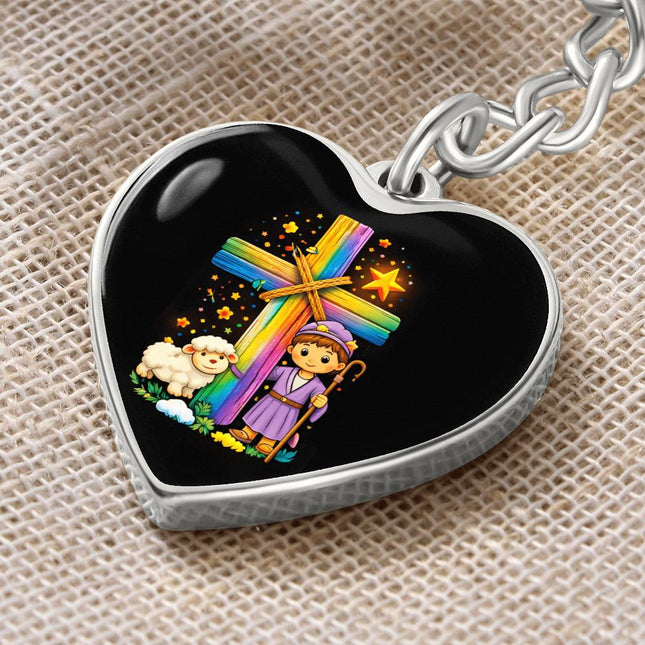 Shepherd Boy & Lamb Rainbow Cross Heart Keychain – Christian Gift for Kids