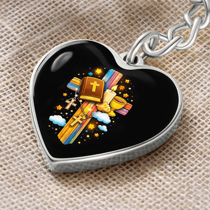 First Communion Bible & Chalice Rainbow Cross Heart Keychain – Christian Gift for Kids