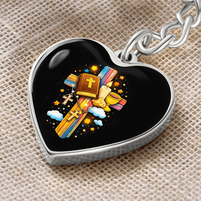 First Communion Bible & Chalice Rainbow Cross Heart Keychain – Christian Gift for Kids