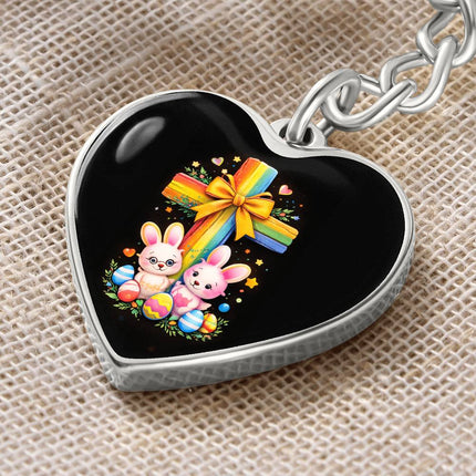 Easter Bunnies & Eggs Rainbow Cross Heart Keychain – Christian Gift for Kids