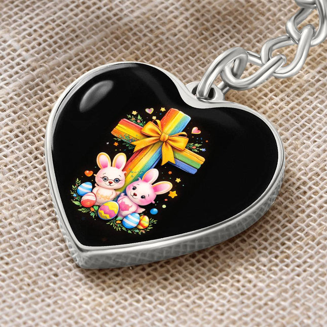 Easter Bunnies & Eggs Rainbow Cross Heart Keychain – Christian Gift for Kids