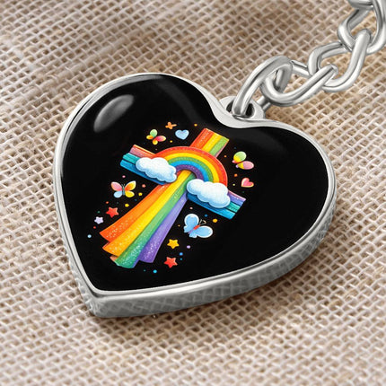 Rainbow & Clouds Cross Heart Keychain – Christian Gift for Kids