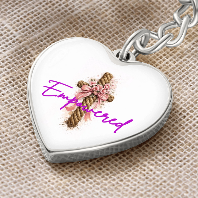 Empowered Flower Cross Christian heart keychain — floral cross design, modern Mother's Day gift for mom with a quiet power message