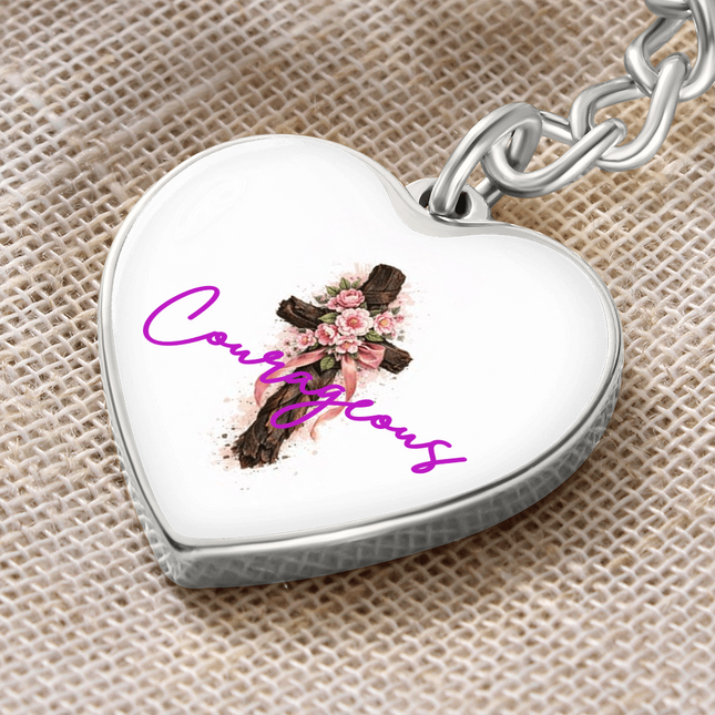 Courageous Flower Cross Christian Heart Keychain | Mother's Day Gift for Mom | Faith Gift
