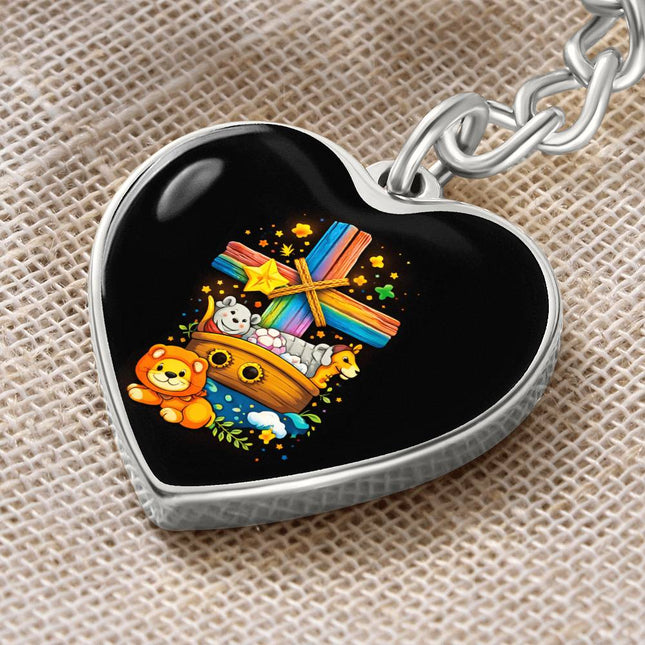 Noah's Ark Rainbow Cross Heart Keychain – Christian Gift for Kids