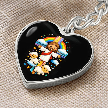 Jesus & Little Lambs Rainbow Heart Keychain – Christian Gift for Kids