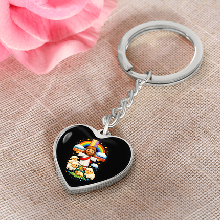 Jesus With the Sheep - Graphic Heart Keychain – Christian Gift for Kids