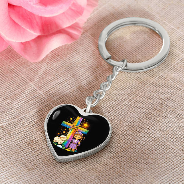Shepherd Boy & Lamb Rainbow Cross Heart Keychain – Christian Gift for Kids