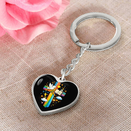 Dove & Open Bible Rainbow Cross Heart Keychain – Christian Gift for Kids