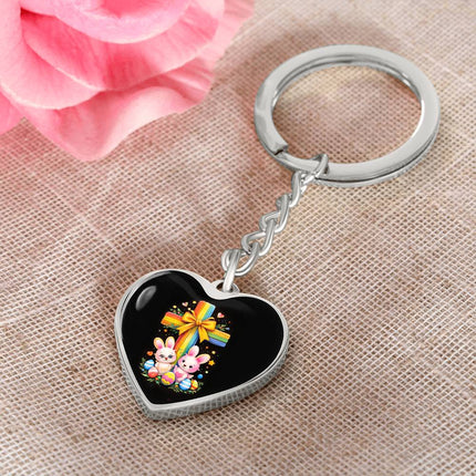 Easter Bunnies & Eggs Rainbow Cross Heart Keychain – Christian Gift for Kids