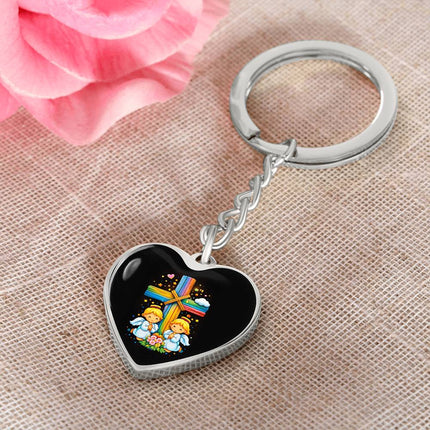 Praying Angels Rainbow Cross Heart Keychain – Christian Gift for Kids