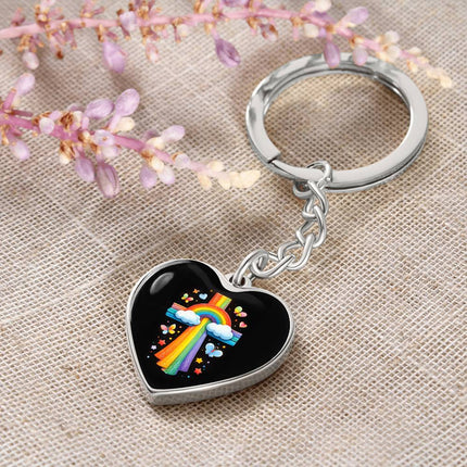 Rainbow & Clouds Cross Heart Keychain – Christian Gift for Kids
