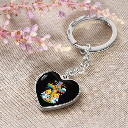 Praying Angels Rainbow Cross Heart Keychain – Christian Gift for Kids