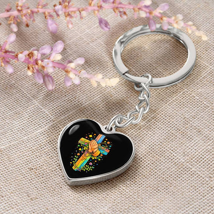 Praying Hands & Rosary Rainbow Cross Heart Keychain – Christian Gift for Kids
