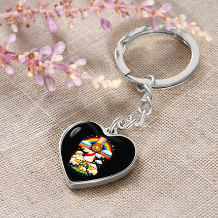 Jesus With the Sheep - Graphic Heart Keychain – Christian Gift for Kids