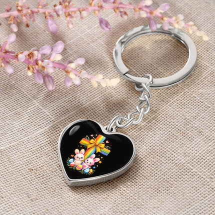 Easter Bunnies & Eggs Rainbow Cross Heart Keychain – Christian Gift for Kids
