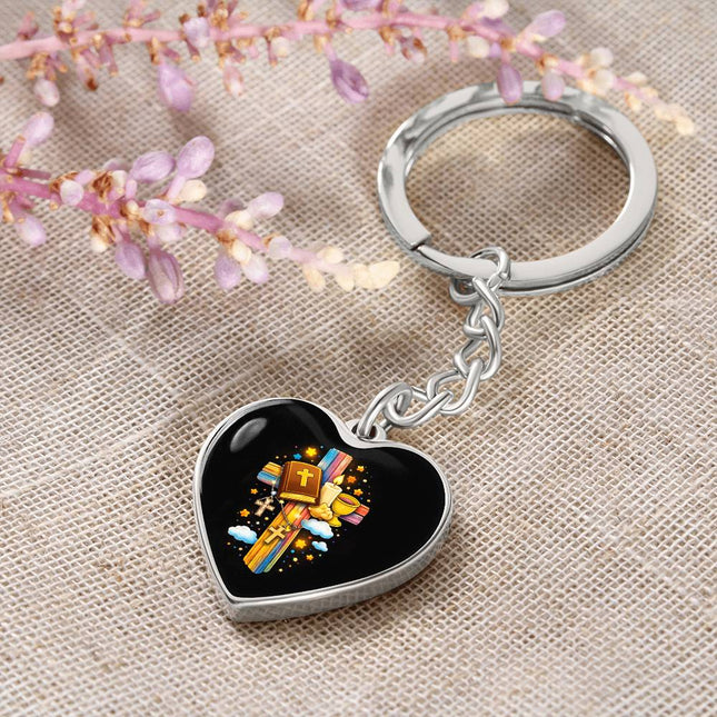 First Communion Bible & Chalice Rainbow Cross Heart Keychain – Christian Gift for Kids