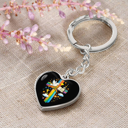 Dove & Open Bible Rainbow Cross Heart Keychain – Christian Gift for Kids